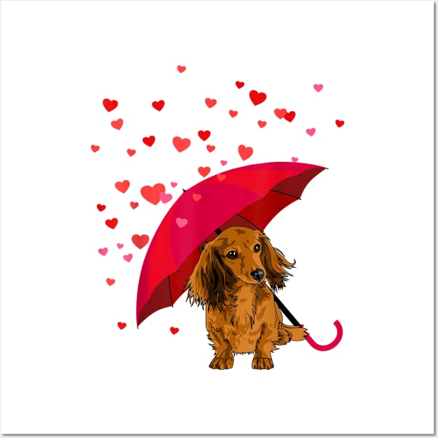 Long Hair Dachshund In Raining Heart Valentine Wall Art by Xamgi